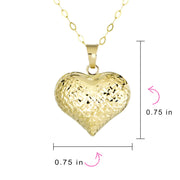 Real 14K Yellow Gold Sparkling Diamond-Cut Puff Heart Pendant