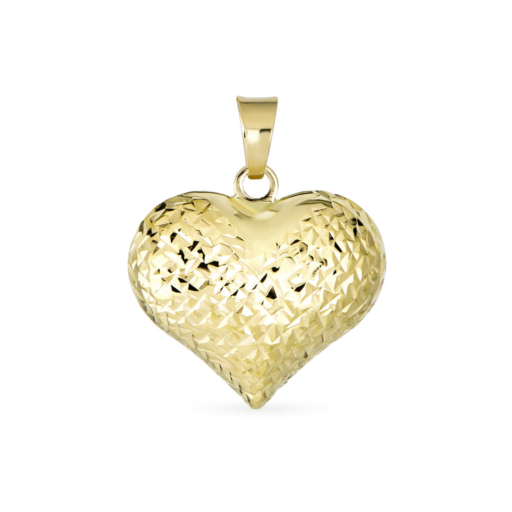 Real 14K Yellow Gold Sparkling Diamond-Cut Puff Heart Pendant