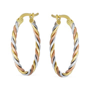 Genuine Real 14K Tricolor Gold 3 Strand Twist Cable Oval Hoop Earrings