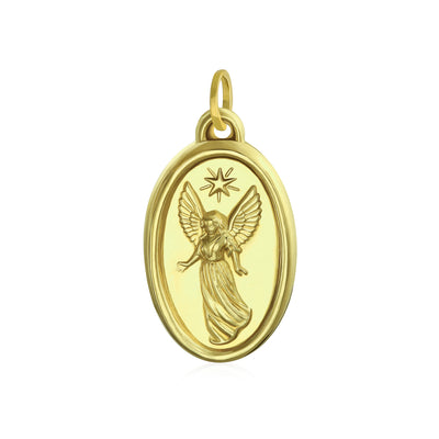 14K Yellow Gold Guardian Angel Oval Medal Pendant Necklace (No Chain)