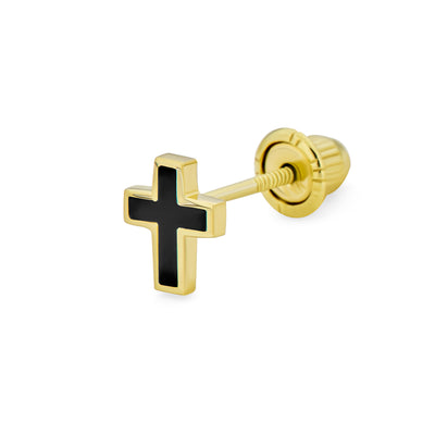 Christian Black Cross 1 Piece Stud Earrings Real 14K Gold Screwback