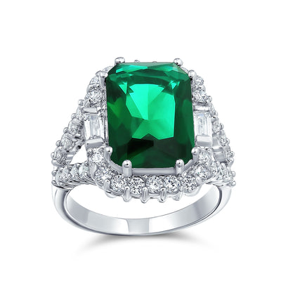 Solitaire CZ Imitation Emerald Green Statement Ring Silver Plated