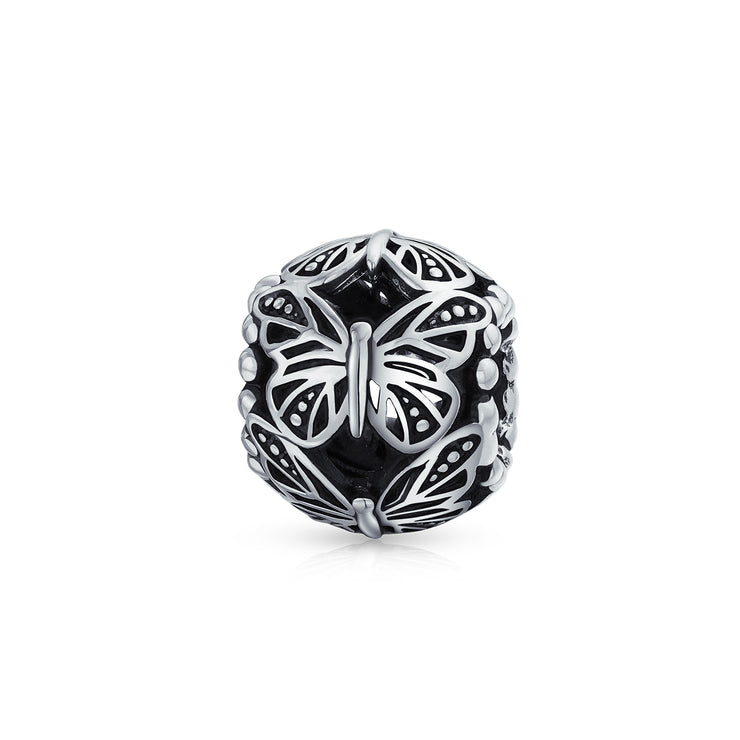 Garden Insect Filigree Barrel Round Butterfly Charm Bead .925 Silver