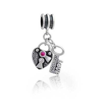 Valentine Pink CZ Dangle Heart Shaped Lock Key Charm Bead 925 Silver