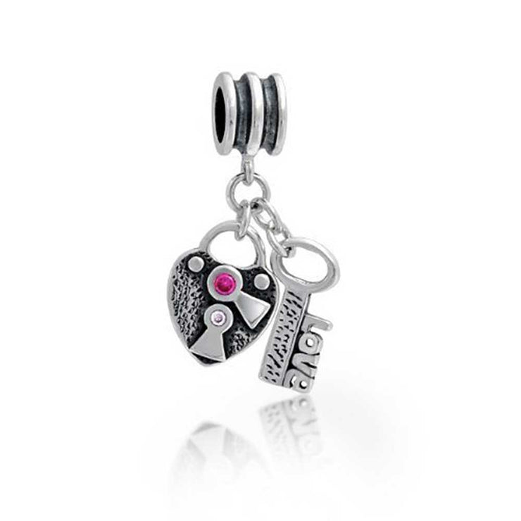 Valentine Pink CZ Dangle Heart Shaped Lock Key Charm Bead 925 Silver