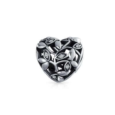 Vintage Crystal Bead Charm Open Vine Leaf Heart Sterling Silver for Bracelet