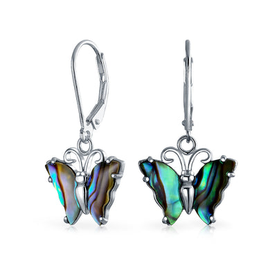 Carved Abalone Butterfly Lever back Drop Earrings .925 Sterling Silver