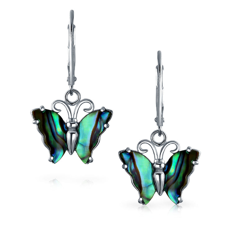 Carved Abalone Butterfly Lever back Drop Earrings .925 Sterling Silver
