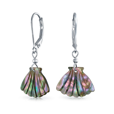 Carved Abalone Clam Dangle Lever back Earrings .925 Sterling Silver