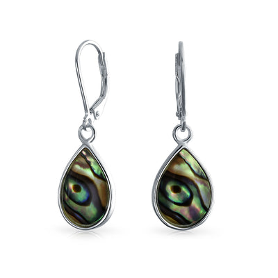 Geometric Iridescent Abalone Shell Teardrop Dangle Earrings in Sterling Silver