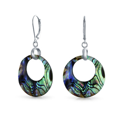 Abalone Round Open Circle Hoop Lever back Earrings Sterling Silver