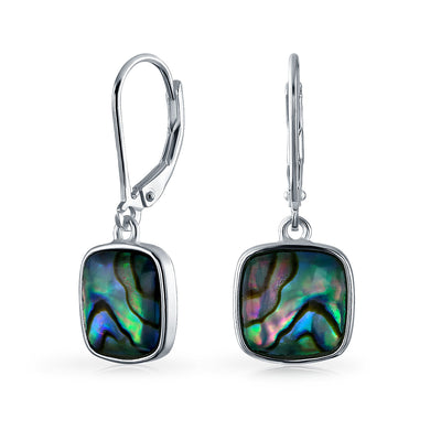 Geometric Iridescent Abalone Shell Square Teardrop Dangle Earrings Sterling Silver