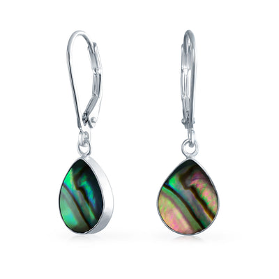 Geometric Iridescent Abalone Shell Teardrop Dangle Earrings Sterling Silver