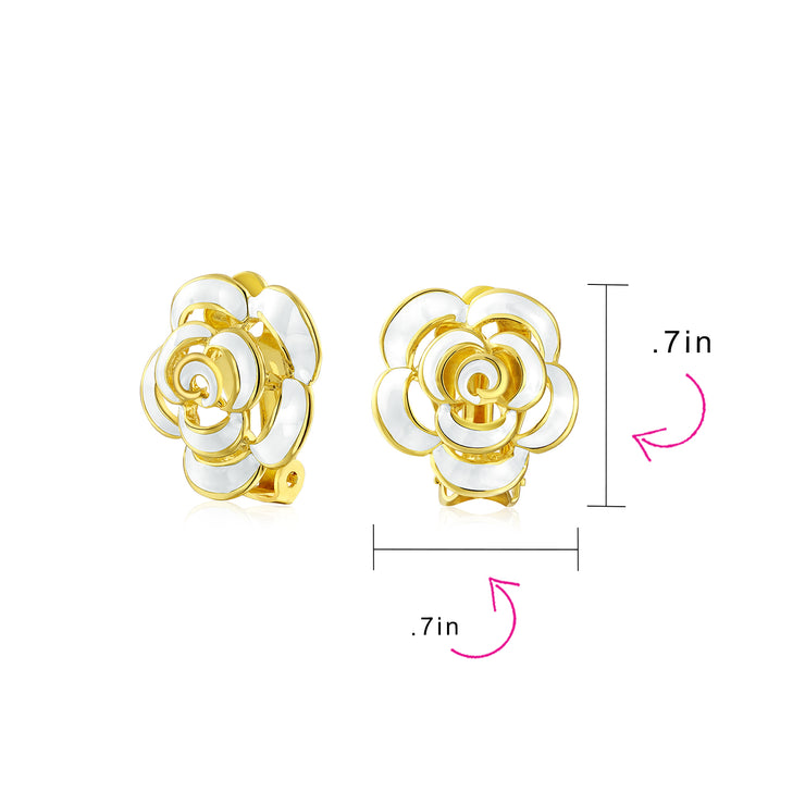 3D White Rose Flower Stud Earrings in 14K Gold, Button Style Fashion Jewelry