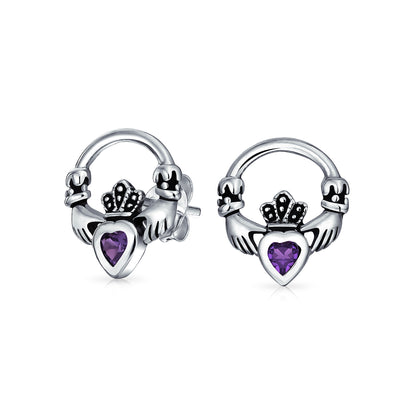 Celtic Claddagh Lavender Heart CZ Stud Earrings in Sterling Silver Amethyst