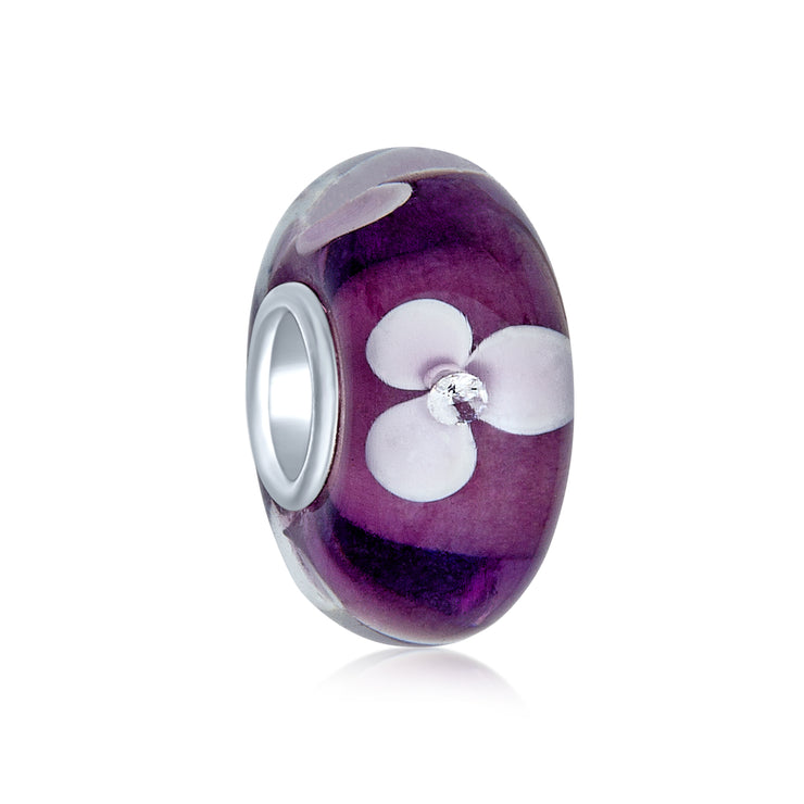 Set of 4 White Purple Flower Murano Glass Spacer Charm Bead Sterling Silver Core