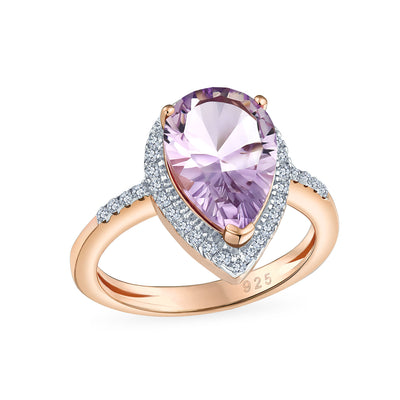 3.75CTW Halo Teardrop Pink Amethyst Zircon Ring Rose Gold Plated Sterling Silver