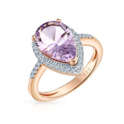 3.75CTW Halo Teardrop Pink Amethyst Zircon Ring Rose Gold Plated Sterling Silver