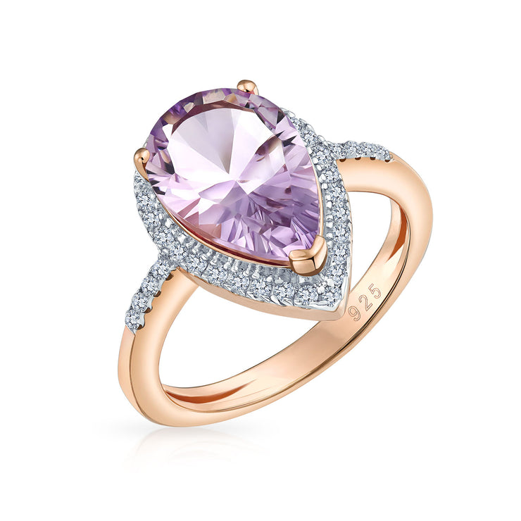 3.75CTW Halo Teardrop Pink Amethyst Zircon Ring Rose Gold Plated Sterling Silver