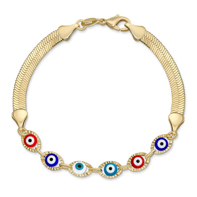 Amulet Multi-Color Evil Eye Strand Bracelet with Gold Plated Snake Chain