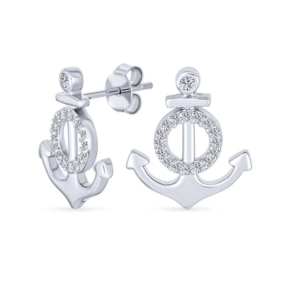 Whimsical Nautical CZ Stud Earrings, Boat Anchor Design, Sterling Silver