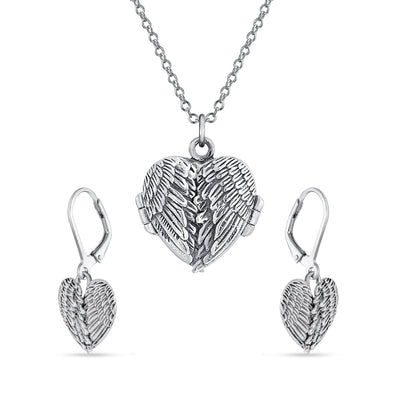 Spiritual Heart Guardian Angel Wings Feather Locket and Earrings Sterling Silver