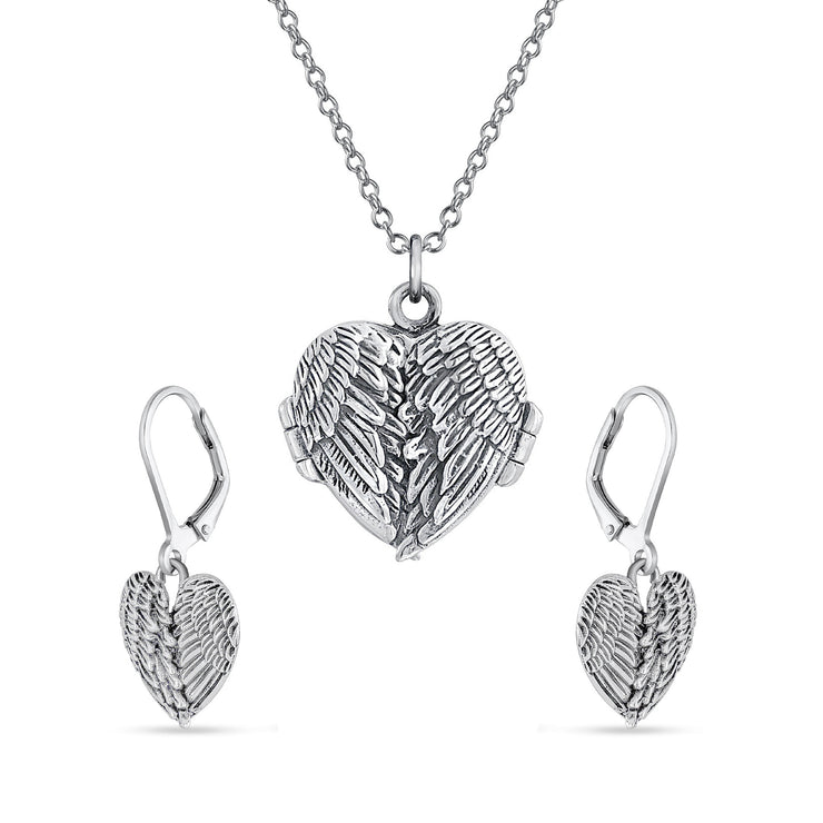 Spiritual Heart Guardian Angel Wings Feather Locket and Earrings Sterling Silver