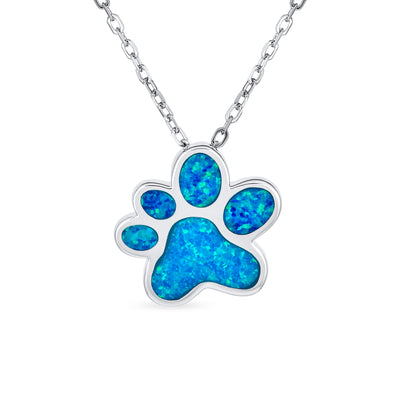 BFF Pet Dog Cat Paw Print Blue Opal Pendant Necklace .925 Silver