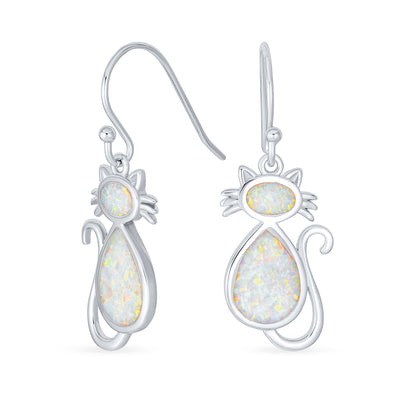 Curious Cat Dangle Gemstone Earrings in White Opal & Sterling Silver