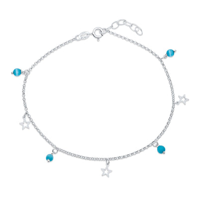 Dangle Aqua Blue Cats Eye Bead Anklet Ankle Bracelet with Star Charms Sterling Silver