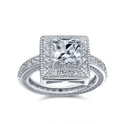 Vintage Art Deco Style CZ Milgrain Princess Cut Halo Engagement Ring Silver