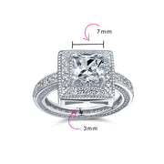 Vintage Art Deco Style CZ Milgrain Princess Cut Halo Engagement Ring Silver