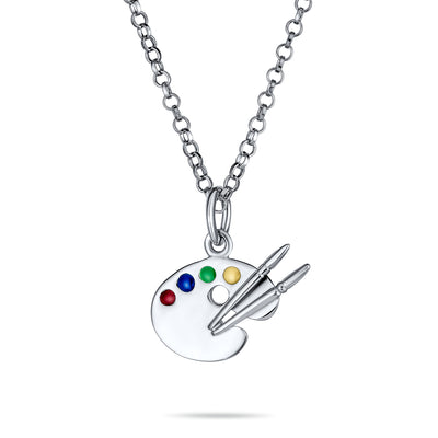 Art Palette & Paint Brush Pendant Necklace for Art Teachers Sterling Silver