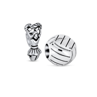Set of 2 Volleyball and School Spirit Cheerleader Charm Bead Sterling Silver