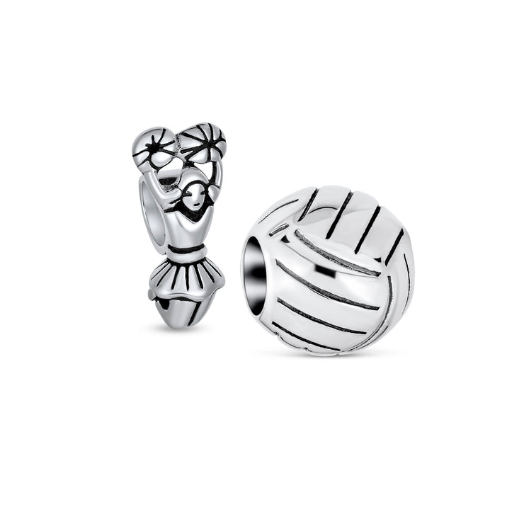 Set of 2 Volleyball and School Spirit Cheerleader Charm Bead Sterling Silver