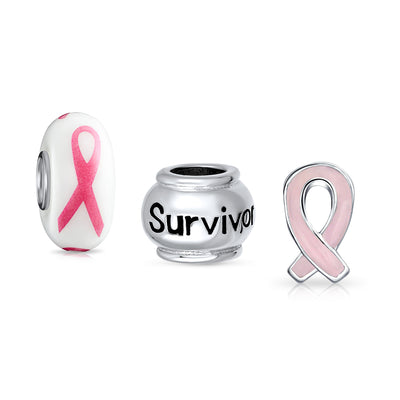 Breast Cancer Survivor Pink Ribbon Charm Bead Set for European Bracelets