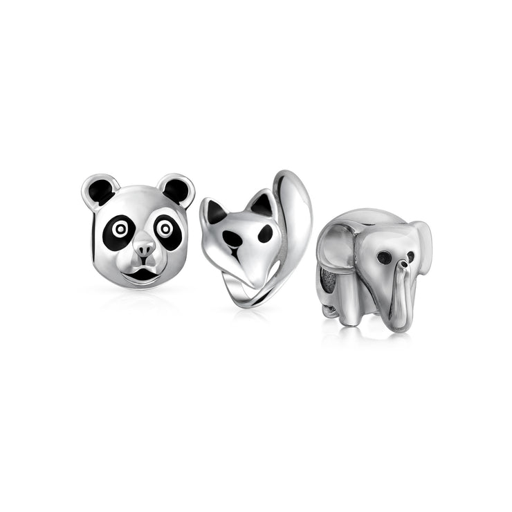 Set of 3 Koala Panda, Elephant, Foxy Lady Animal Fox Charm Bead Sterling Silver