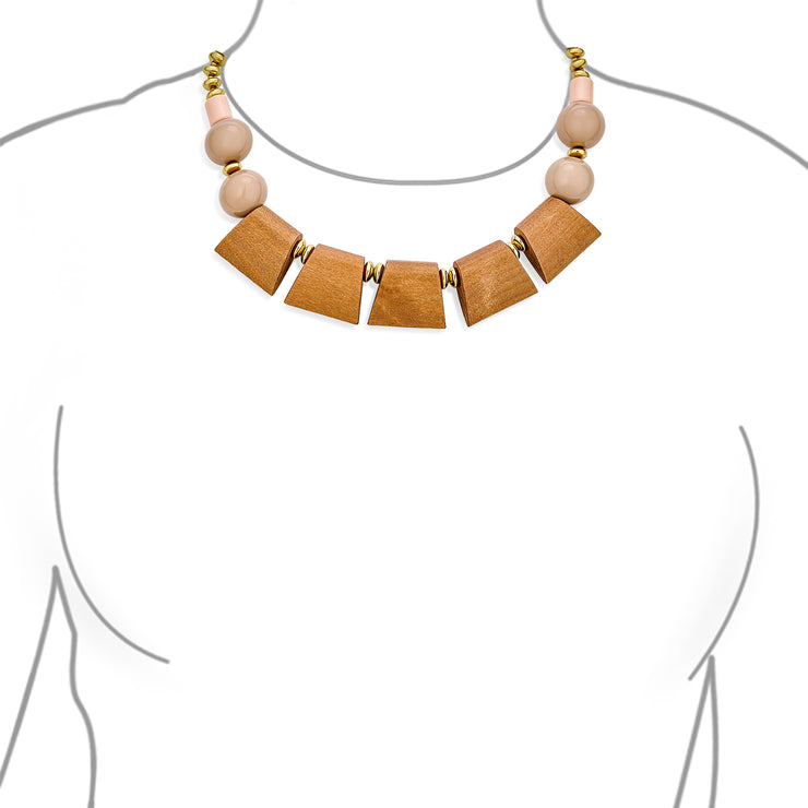 Artisan Beige Beads Wood Boho Fan Bib Collar Statement Necklace Woman