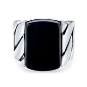 Men's Statement Link Chain Black Onyx Rectangle Signet Ring Sterling