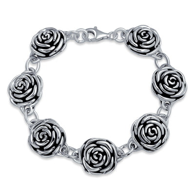 Antiqued Flowers Big Black Rose Bracelet .925Sterling Silver 7.5 Inch