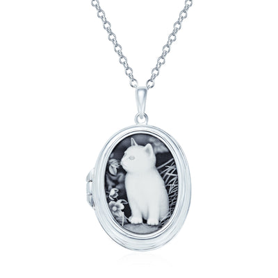 Vintage Style Black Kitten Cat Cameo Locket Necklace Sterling Silver