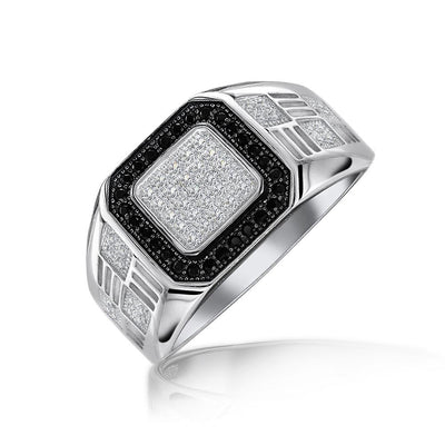 Mens .925 Sterling Silver Halo Square White Black CZ Engagement Ring