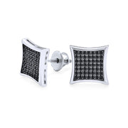 Men's Square Pave CZ Kite Stud Earrings .925 Silver Screwback 7 -12 MM