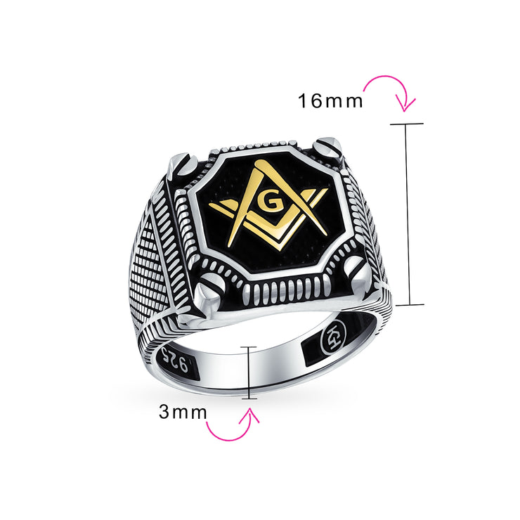 Mens Silver Ring with Tri Tone Black Inlay Compass Freemason Masonic Signet Design