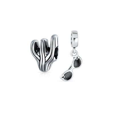 Set of 2 Black Movie Star Sunglasses and Sonoran Desert Cactus Charm Bead Silver