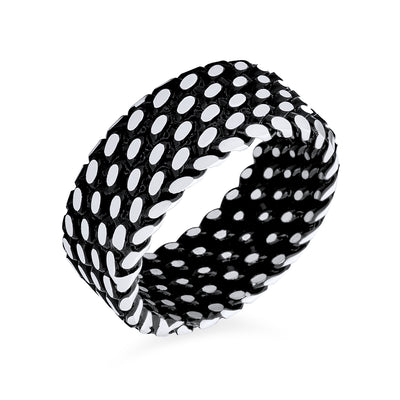 Mens Silver Ring Inside Out Two Tone Black Tire Track Design .925 Handmade Turkey