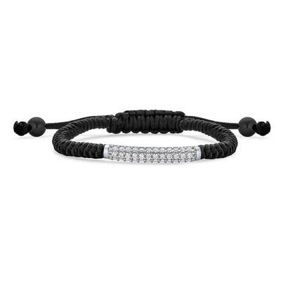 Stackable Strand Bracelet with Curved Bar Black Cord and CZ Pave Silver