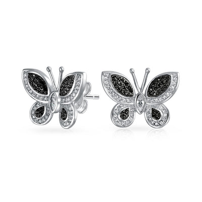 Black White Garden Pave CZ Butterfly Stud Earrings Silver Plated Brass