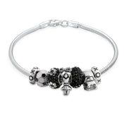 Black White Soccer Mom Charm Bracelet with Cheerleader Beads 6.5-8.5 Inch