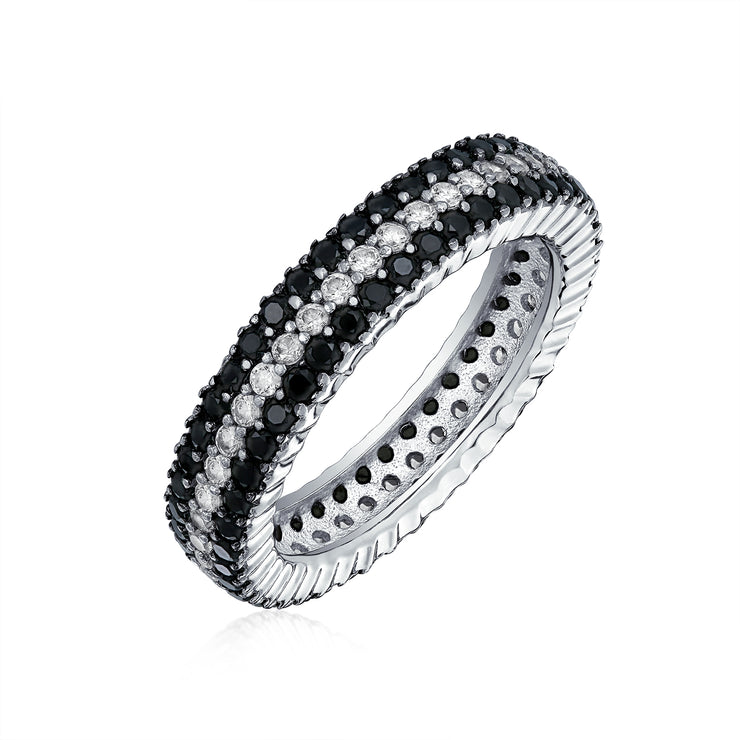 Two Tone Black and White Pave Eternity Band Ring .925Sterling Silver